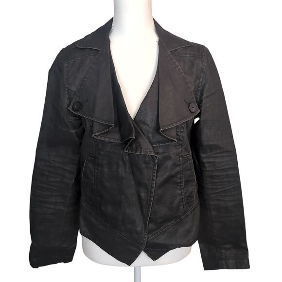 CAbi Black 100% Linen Waxed Ruffled Crop Jacket Size Medium - Picture 1 of 13